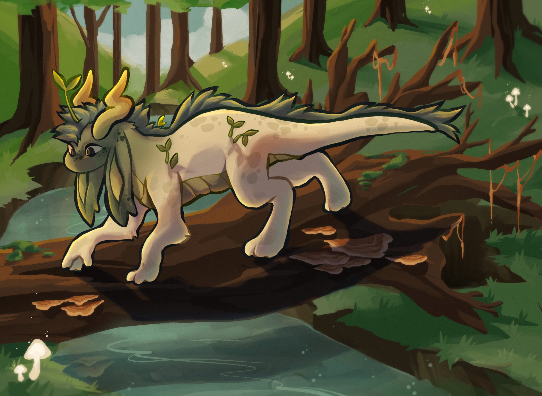 digital drawing of a magical being in the woods 